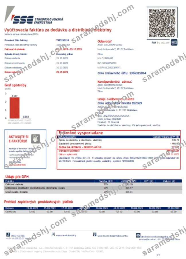 Stredoslovenka Energetika utility business bill,  SCR